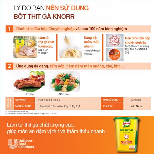 Knorr Bột Thịt Gà 1kg - Knorr Bột Thịt Gà được làm từ thịt gà cao cấp sẽ giúp món ăn của bạn thêm thơm ngon và đậm vị thịt hơn.