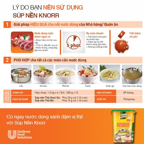 Knorr Súp Nền Thịt Heo 1.5kg - Chỉ cần 5 phút để có ngay nước dùng sánh đậm vị thịt với Knorr Súp Nền Thịt Heo.