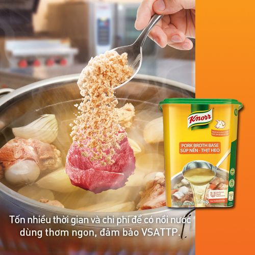 Knorr Súp Nền Thịt Heo 1.5kg - Chỉ cần 5 phút để có ngay nước dùng sánh đậm vị thịt với Knorr Súp Nền Thịt Heo.
