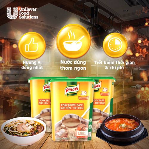 Knorr Súp Nền Thịt Heo 1.5kg - Chỉ cần 5 phút để có ngay nước dùng sánh đậm vị thịt với Knorr Súp Nền Thịt Heo.